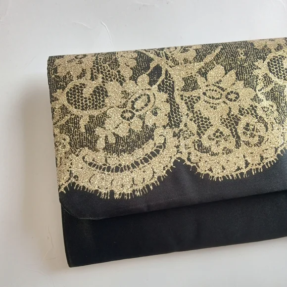 Sold**Black Gold Evening Lace Satin Formal Purse Clutch - Picture 5 of 6